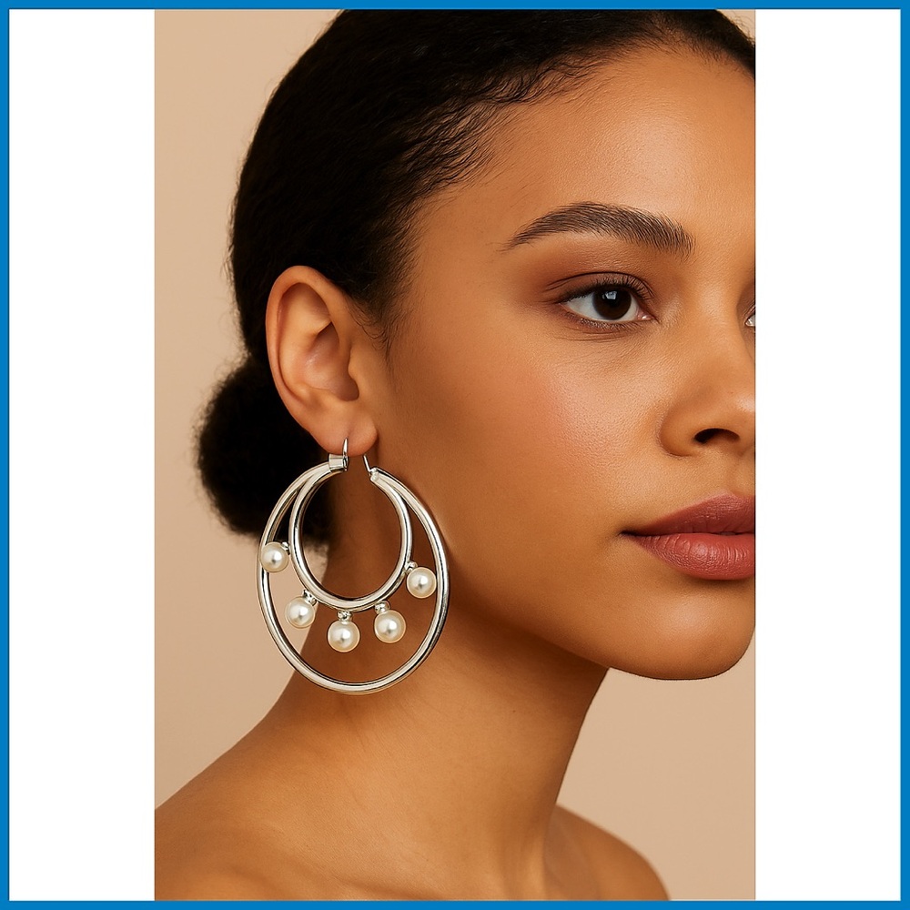 Steve Madden Silver Pearl Hoop Earrings